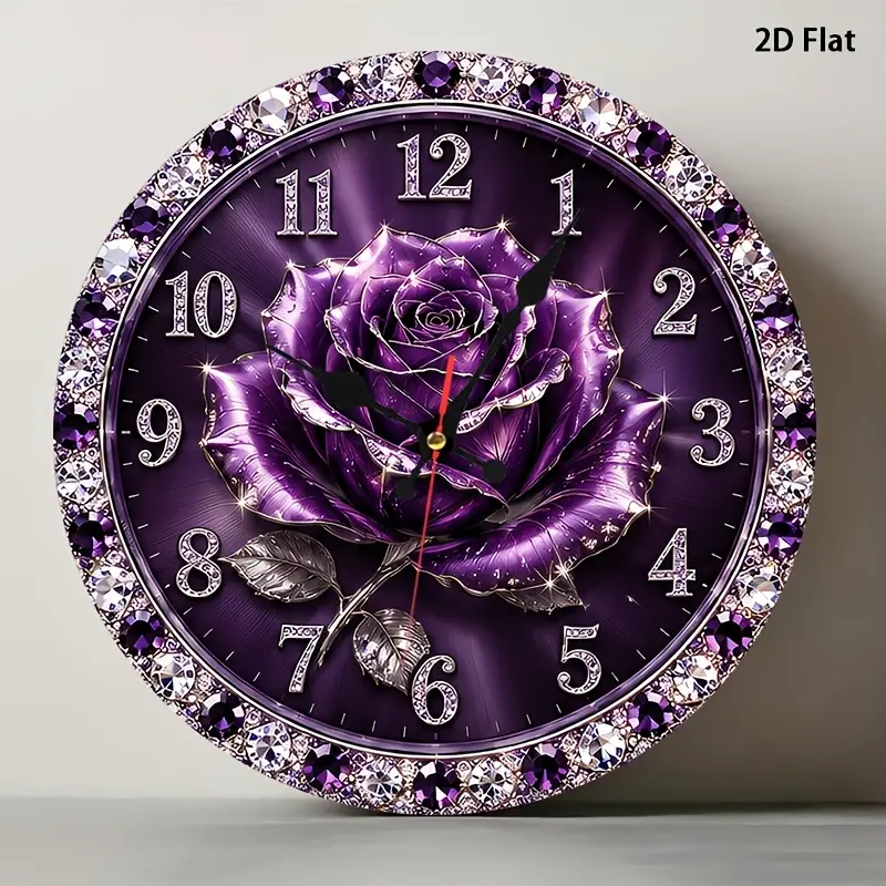 2D flat print, 1 purple rose with silver leaf diamond, romantic acrylic wall clock for baby's room, featuring gorgeous floral decorations and sparkling petal art, suitable for the master bedroom or dressing area, batteries not included, an ideal holiday g