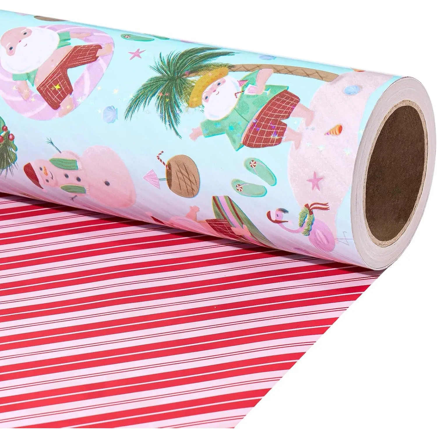 RUSPEPA Reversible Summer Christmas Santa Wrapping Paper Roll, Tropical Beach Santa Design & Red Candy Stripe Design, Funny Gift Wrap for Holiday, Kids, Family, Party, 17 Inches x 16.4 Feet