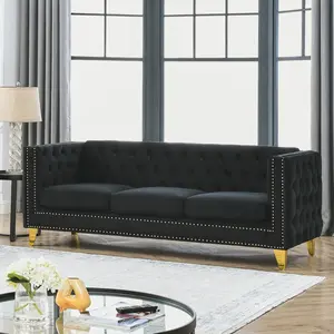Velvet Sofa Couch 3-Seater Couches for Living Room,Buttons Tufted Square Arm Couch, Modern Couch Upholstered Button and Metal Legs, Sofa Couch for Bedroom, Black Velvet
