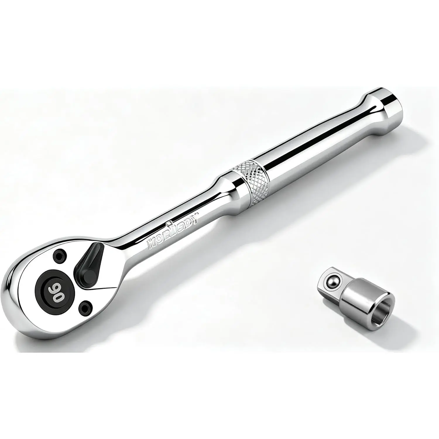 1/4" Drive 90t Gear Quick-Release Ratchet Handle with 1/4"-3/8" Adapter Set, Reversible Thin Profile Low Drag Socket Wrench, 4° Swing Arc, Anti-Slip Grip, Ideal for Mechanics & Auto Repair