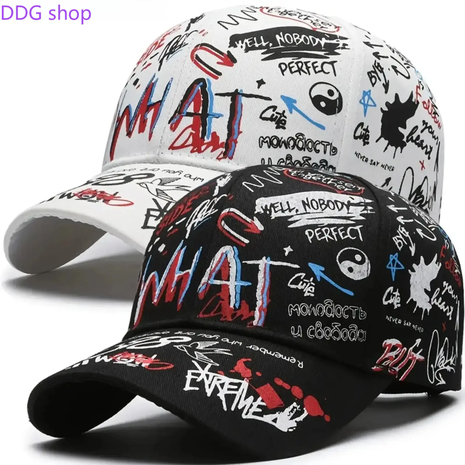 Unisex 2-Pack Graffiti Baseball Hat - Polyester Ball Cap for Casual Outfits, Lightweight Breathable Streetwear, All-Season Sun Protective Headgear for Outdoor Sports & Daily Leisure, Polyester Cap