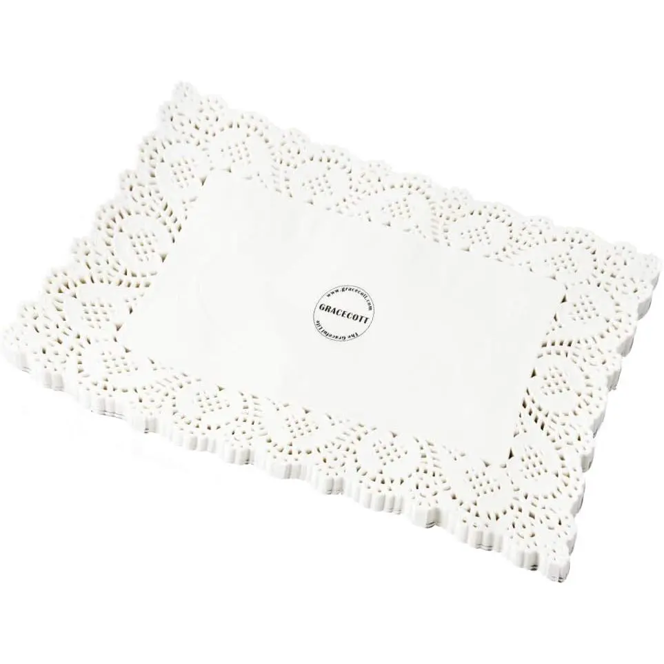 100 Pieces Rectangular White Lace Doilies Paper Placemats for Tables Cake Baking Wedding Decoration (6.3" x 9")