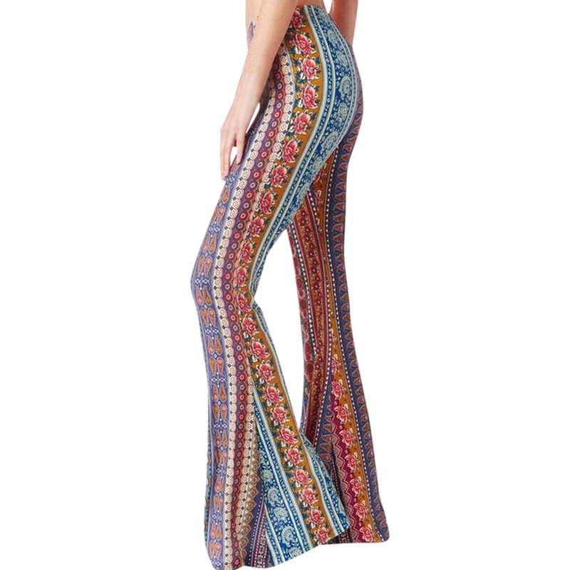 Forbidden Pants Sun Protective Women's Boho Elastic High Waist Flared Leg Pants, S to 2XL, Daily Outfits for Spring & Fall, Comfortable Fit - Floral