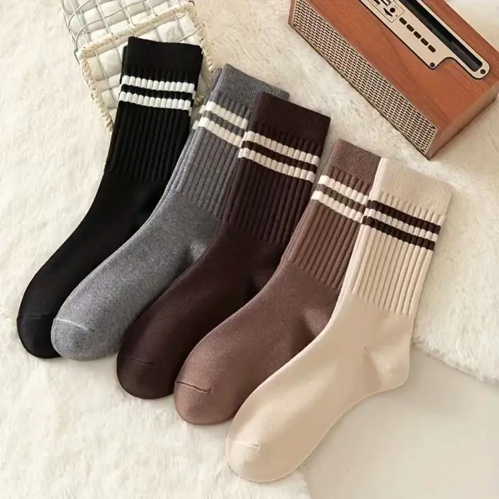 5 Pairs of Two-Bar Striped Mid-Calf Socks [Autumn And Winter] Fashionable All-Match Women'S Socks Polyester Socks