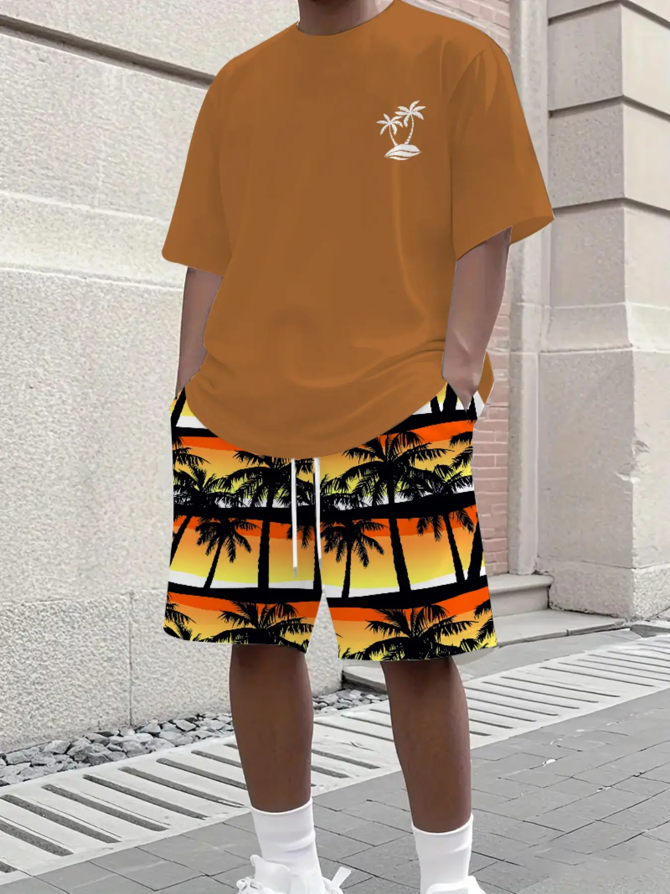 Men's Two-Piece Summer Beach Set, Palm Embroidery Short Sleeve Tee, Sunset Palm Tree Print Drawstring Shorts, Casual Vacation