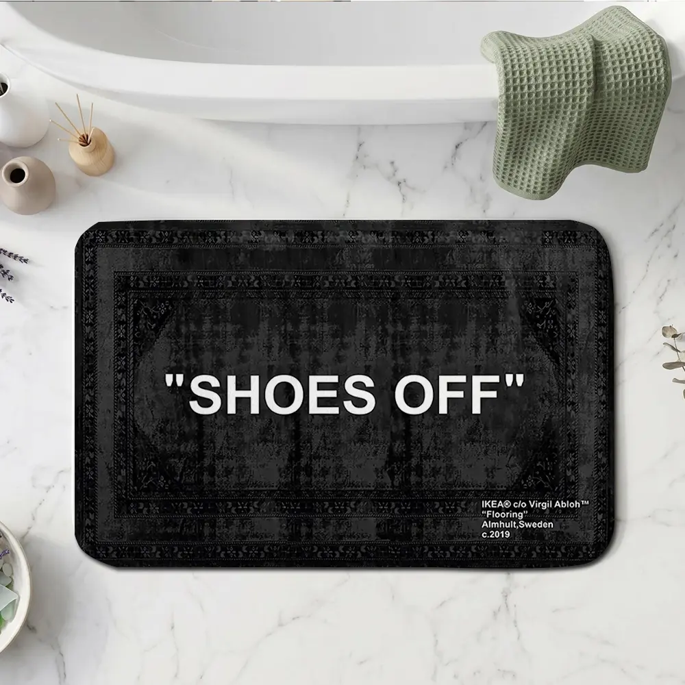 Multi-Size "Shoes Off" Statement Flannel Doormat, Bold Black and White Text, Stylish Distressed Print, Non-Slip Indoor Entryway Rug, Practical Home Decor Piece