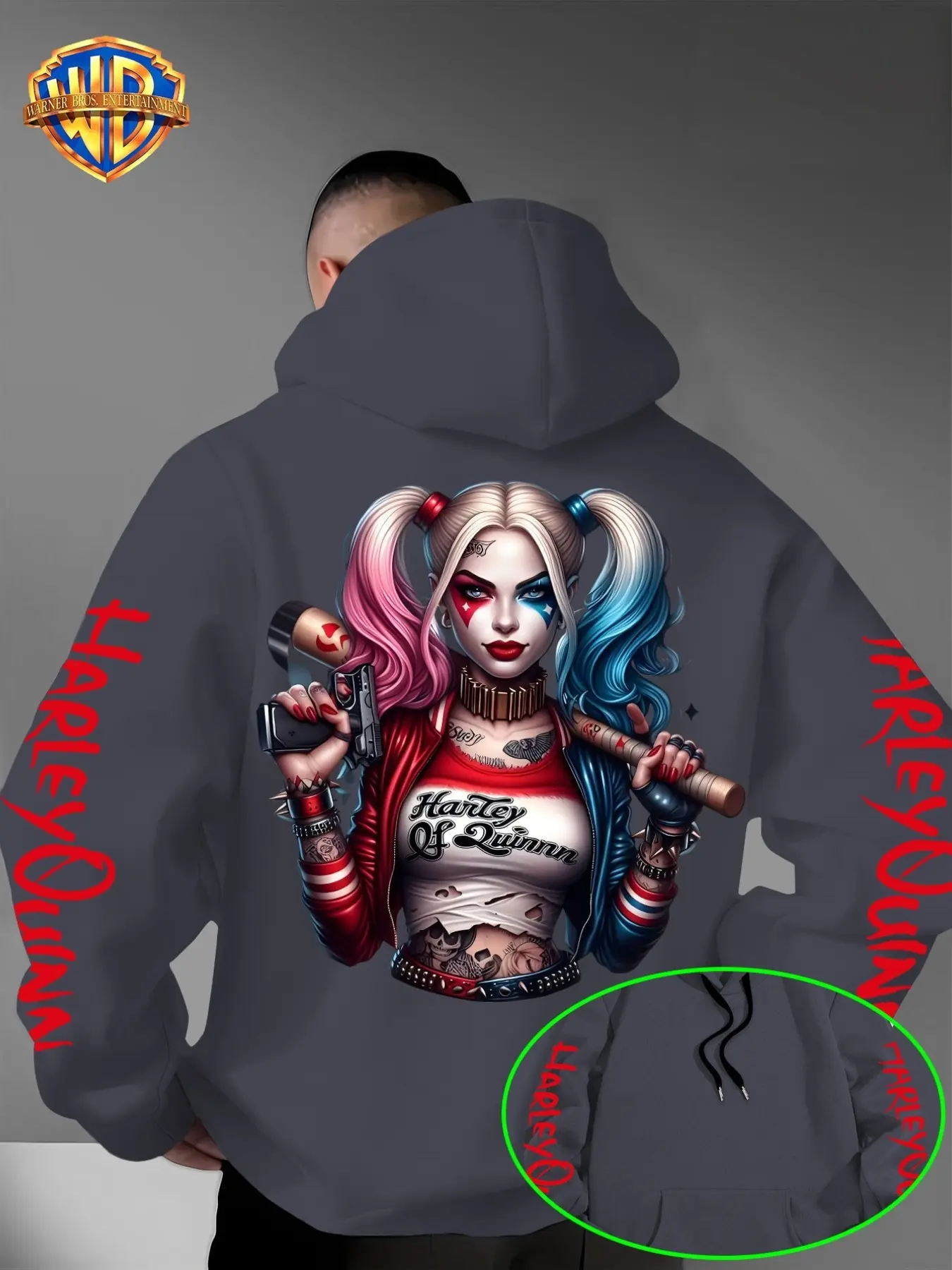 Warner Bros Men's Dark Harley Quinn Back Print Hoodie, Long Sleeve Letter Pattern Pullover, Casual Streetwear with Hat
