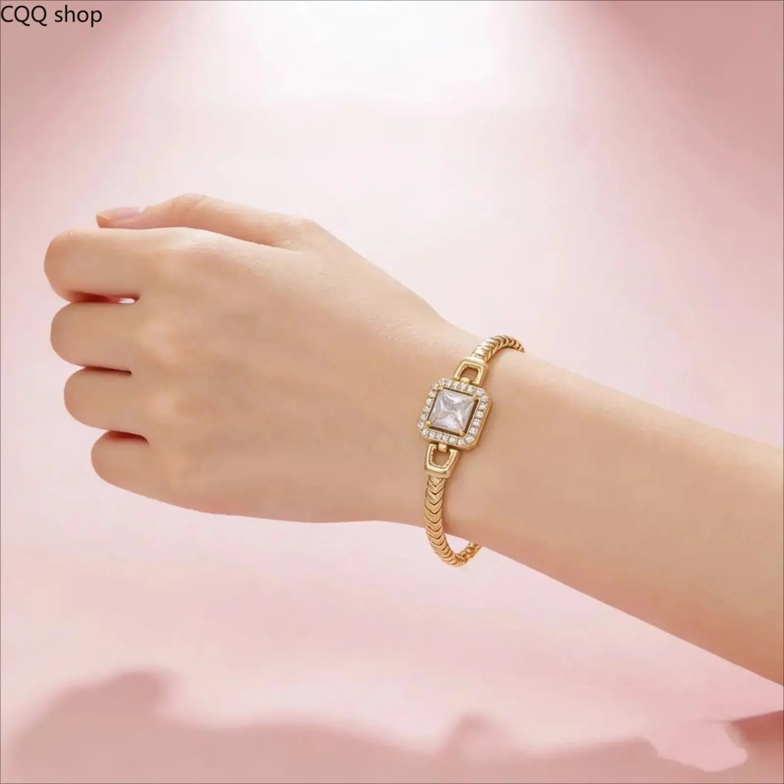 Dainty Gold Herringbone Bracelet for Women - 14K Gold Plated with Sparkling Square CZ Stone, Minimalist Luxury Jewelry for Bridal, Birthday, Anniversary Gift