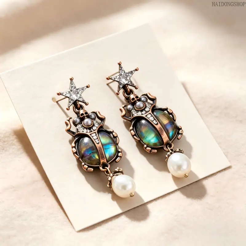 Vintage Egyptian Scarab Beetle Dangle Drop Earrings for Women, Unique Abalone Shell Pendant Whimsical Statement Jewelry, Ideal Accessory for Daily Outfits & Halloween Occasions, Lovely Holiday Gift