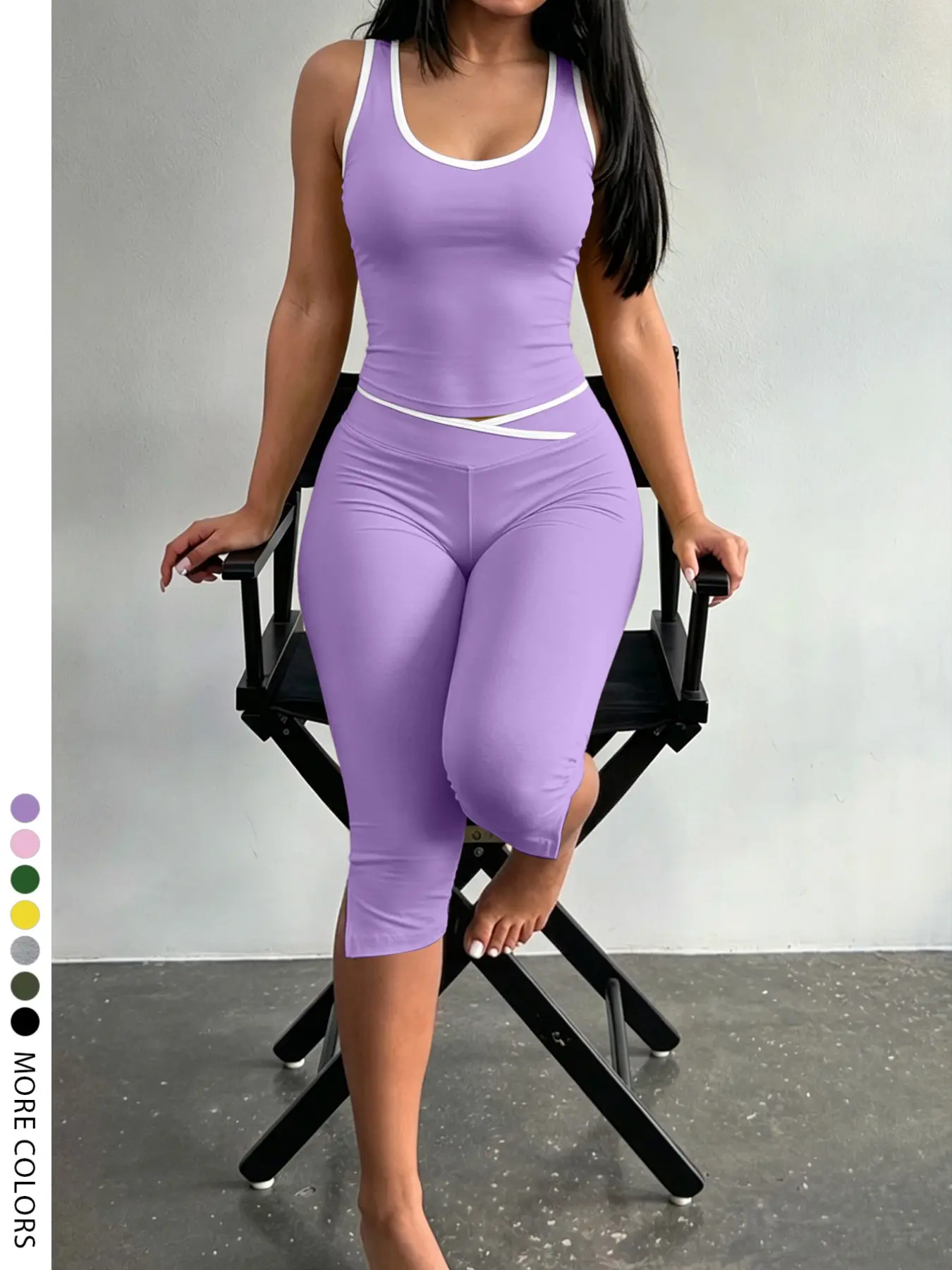 Lw Zillionaires Soft Basic Slim-Fit Cross-Waist Vest and Capri Pants Set, Perfect for Summer, Casual Outerwear, Solid Pattern, Unlined