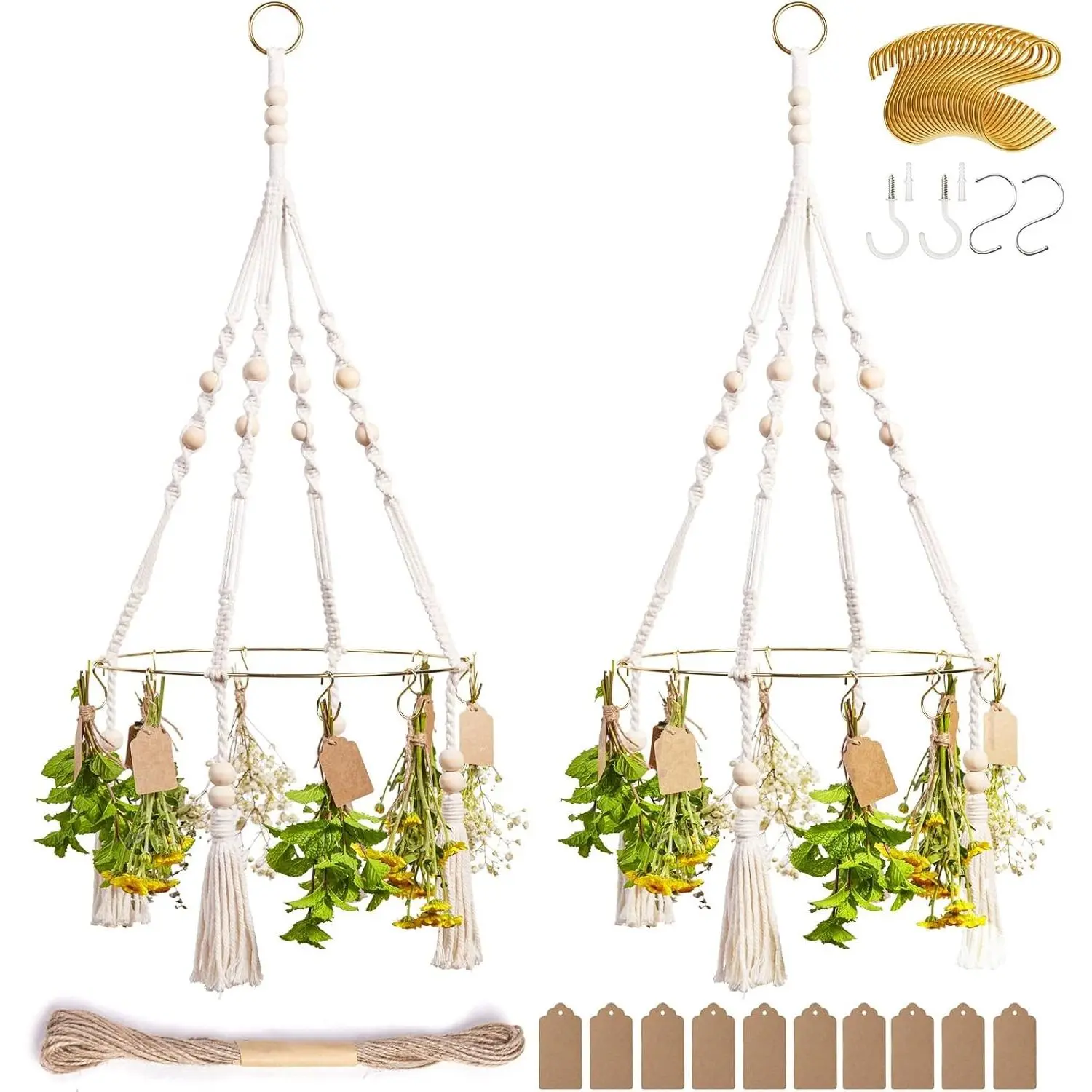 Decorative Tassel Hanging Rack 2-Pack - Includes 20 Golden Hooks, 25 Gift Tags, 32ft Jute Twine - Kitchen Garden Tassel Decor Herb Dryer