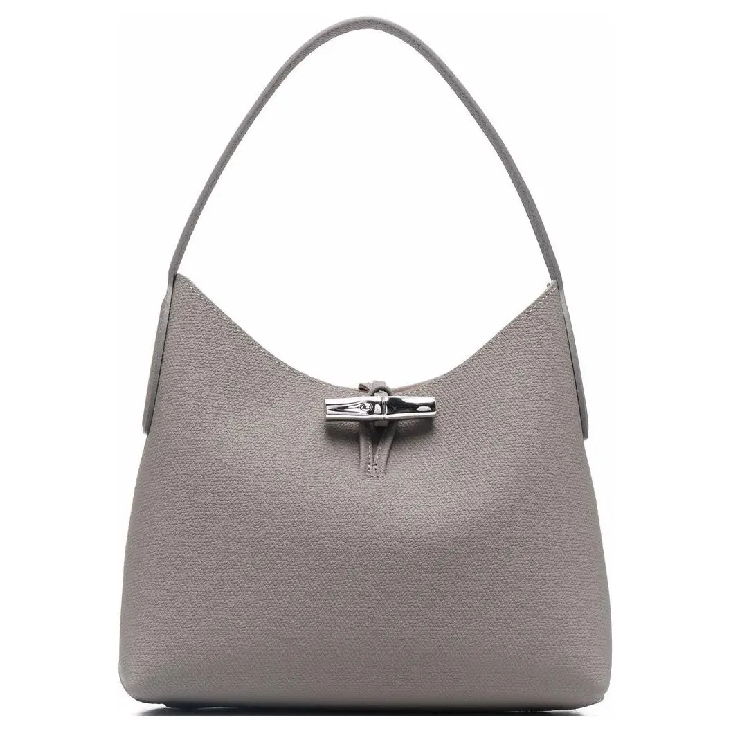 Longchamp Le Roseau 27 Hobo Bag for Women – Cane-Clasp Genuine Leather Shoulder Handbag in Pigeon Gray
