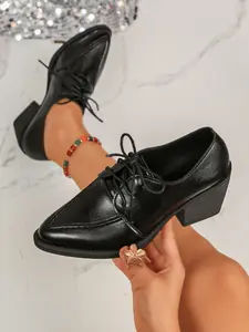 Pointed Toe Heeled Boots, Laces Deep Mouth Single Shoe, Commuter Retro British Style High Heel Booties, Women's Boho Fashion