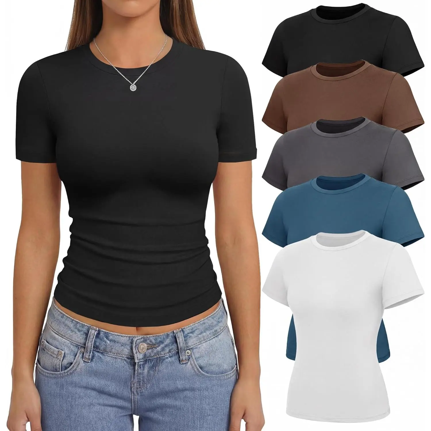 5 Pack T Shirts for Women - Crew Neck Short Sleeve Crop Tops Plain Casual Basic Tees Fitted Clothes Cute Y2K Outfit(Gift)