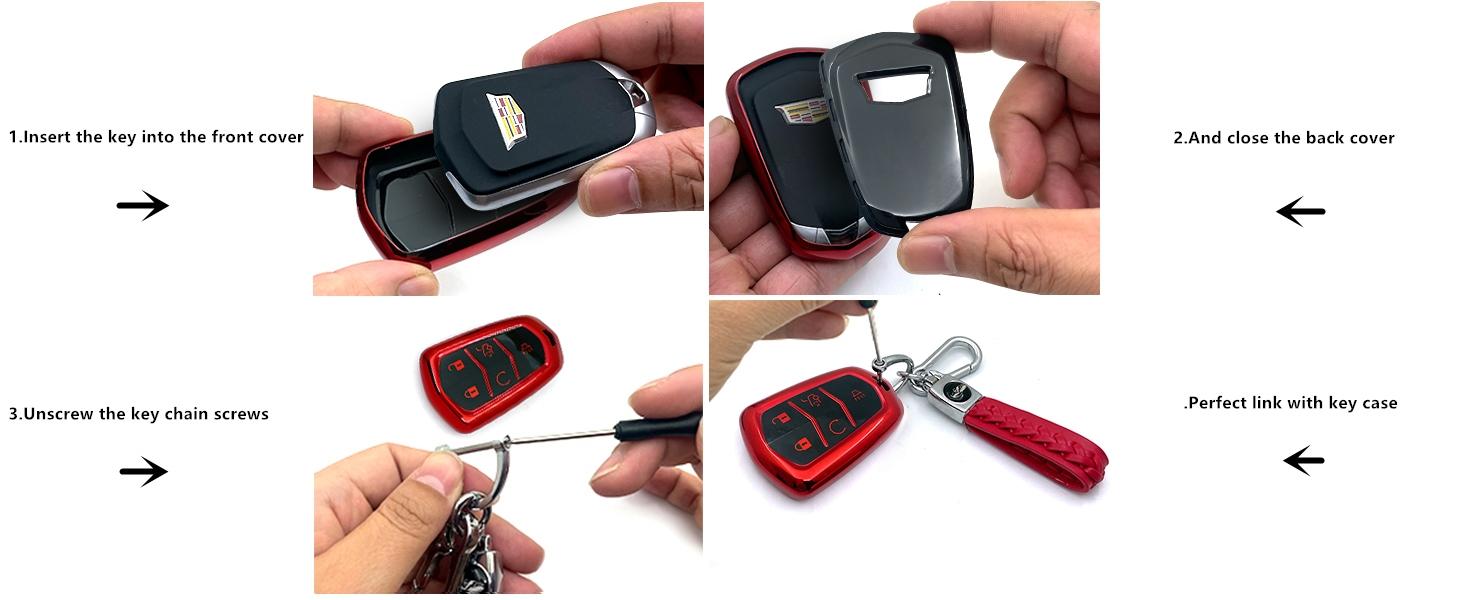 soft TPU Key Case Suitable for Cadillac STS CTS XT5 Escalade CT6 ATS SRX 4/5 Buttons Key (Red Key Cover + Key Chain set), Car Key Accessory, Key Covers For Car Keys, 4/5 Button Fit