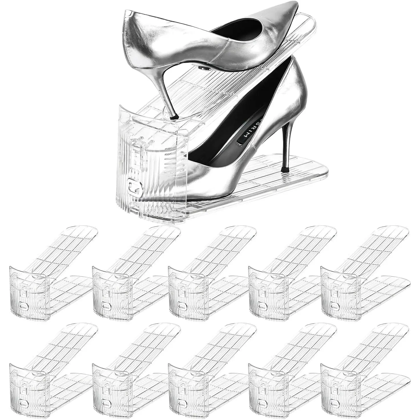 Shoe Slots Organizer,Adjustable Shoe Rack with Three Levels,shoe stackers for a pair of Shoes (Clear, 10 Pack)