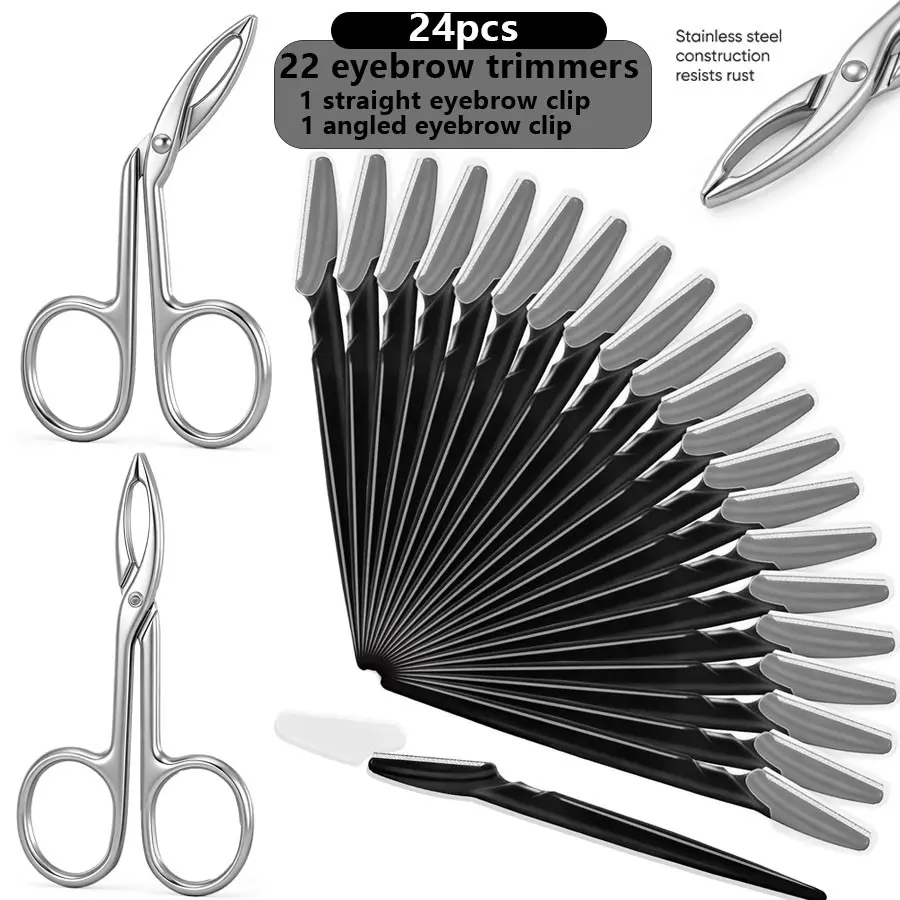 24pcs Eyebrow Grooming Kit, 22 Eyebrow Razors, Straight & Angled Tweezers, Stainless Steel Scissors, Professional Makeup Tools for Women