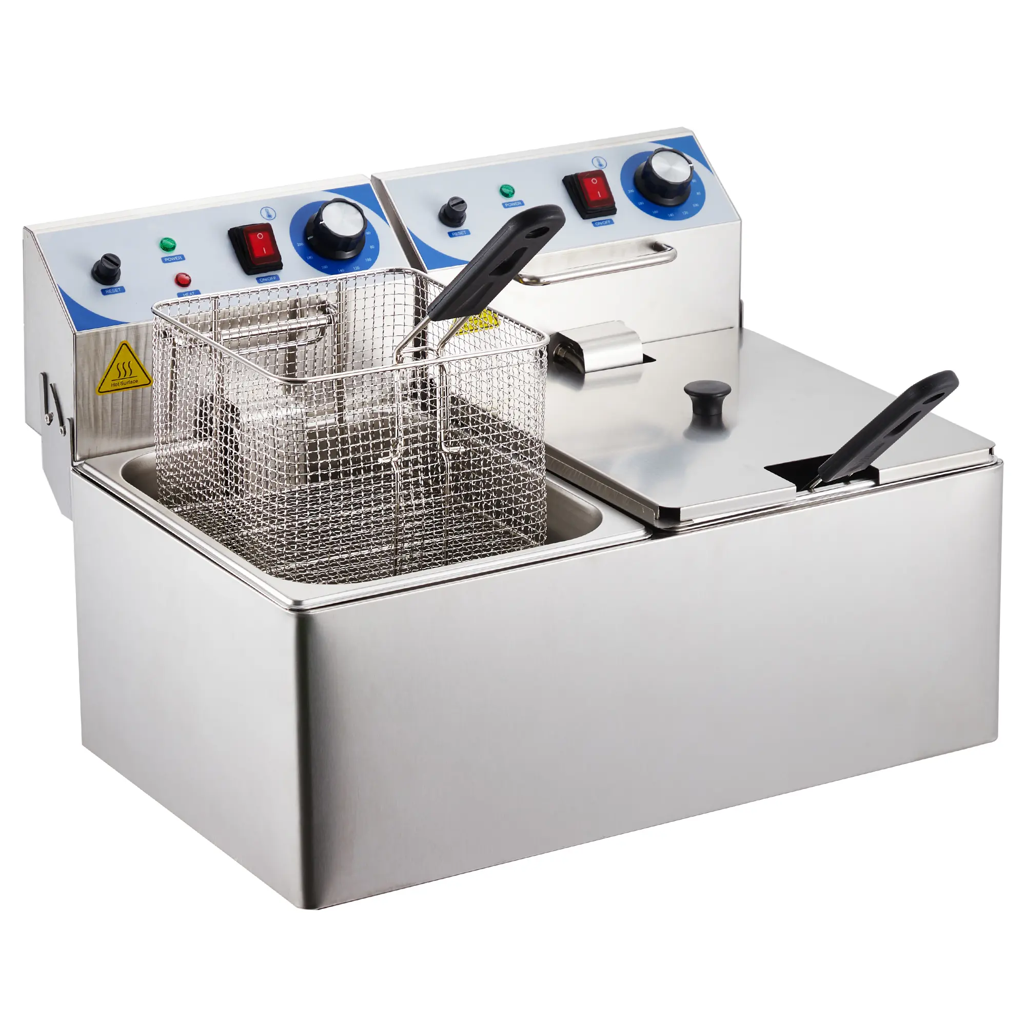 Professional Dual Tank Electric Deep Fryer for Home & Restaurant – 20L Capacity, Stainless Steel, Adjustable Thermostat, Heavy-Duty, Removable Baskets & Lids, Fast & Efficient Cooking, Dishwasher Safe