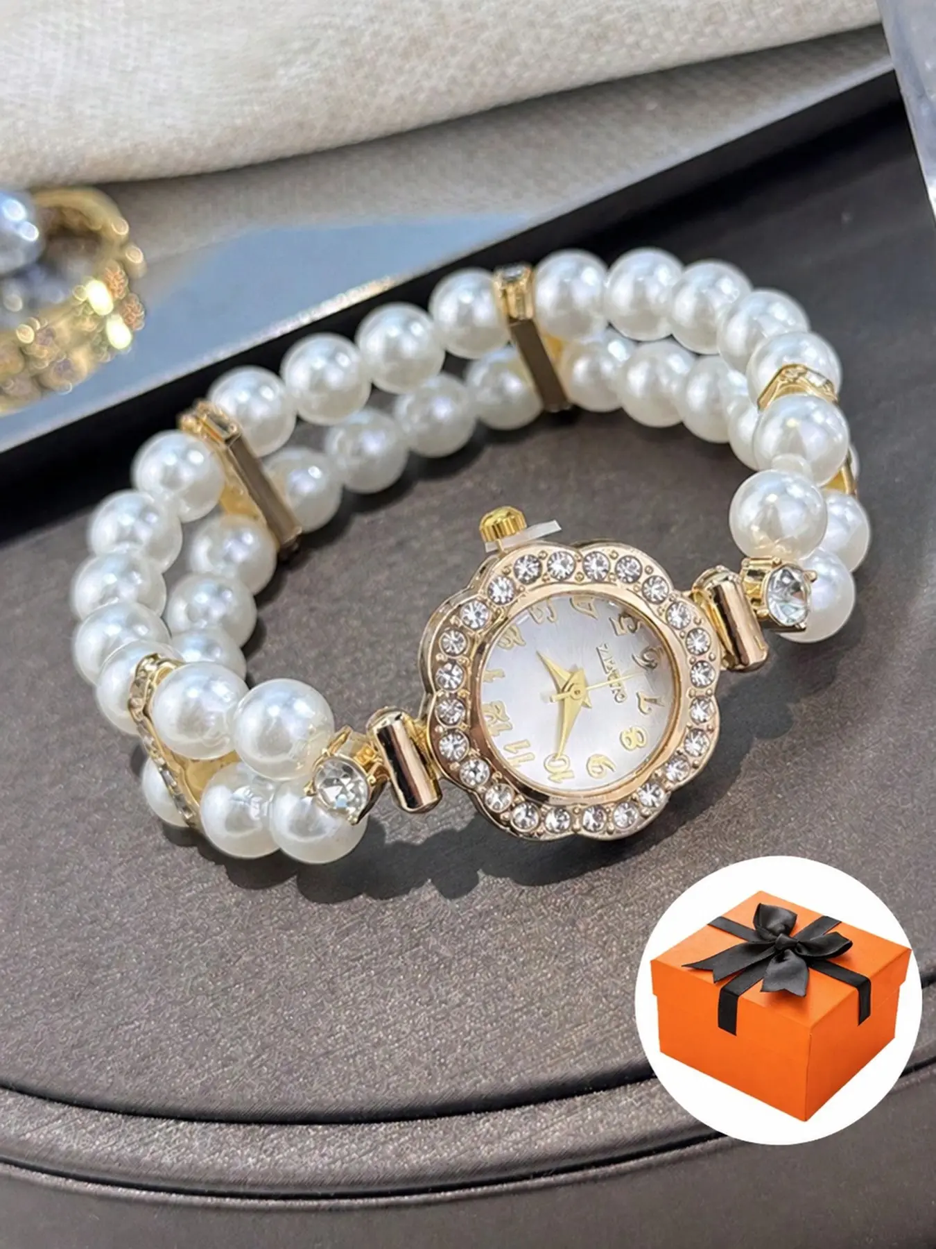 Women's Dual Layer Pearl Bracelet Watch, Flower Rhinestone Dial Quartz Watch, Elegant Gift Box Included, Perfect for Office & Dates
