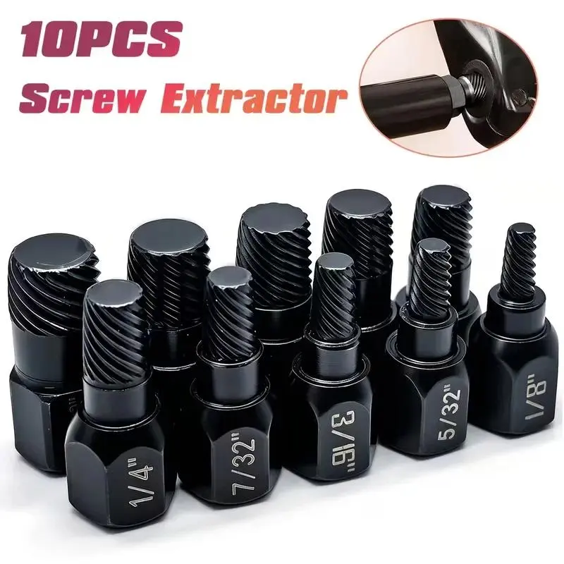 The 10 piece heavy-duty screw extractor is suitable for removing broken bolts and is suitable for home, workshop, and industrial