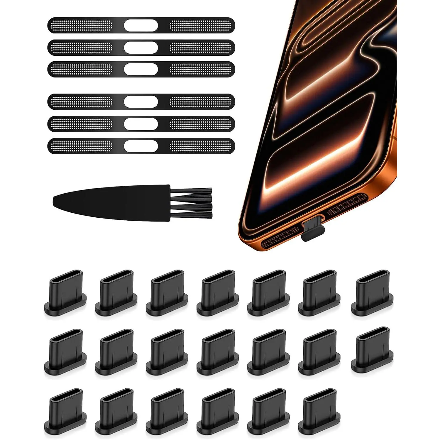 USB C Dust Plug Port Cover Protectors 20 count with Phone Speaker Cover Bumper Stickers 6 count Compatible for  17 Pro Max with Cleaning Brush - Black  and Metal Mesh Accessories