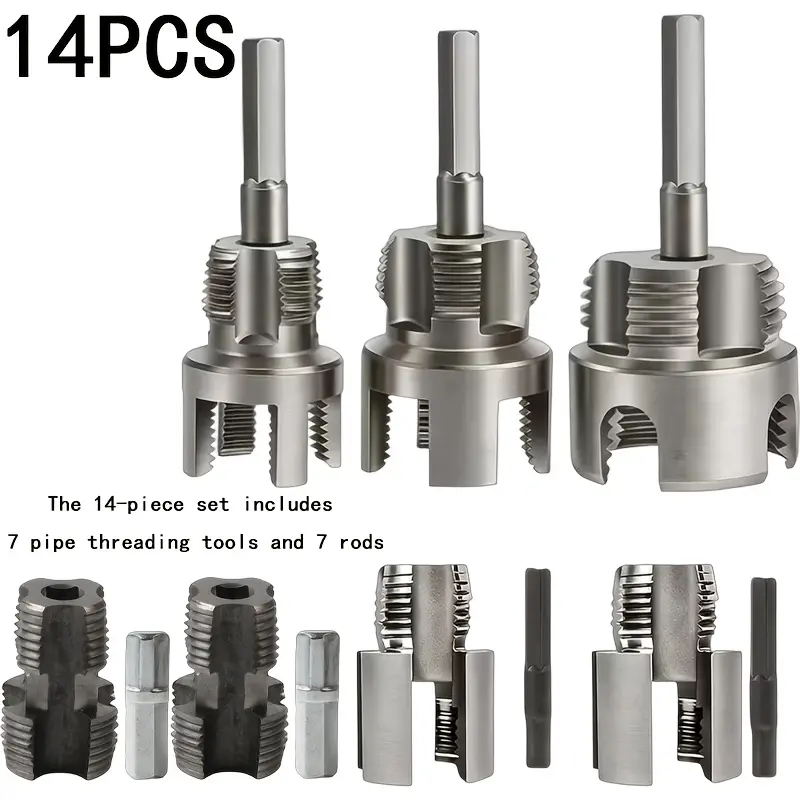 14PCS Heavy-Duty Pipe Threading Set - 1/2", 3/4", 1" + 4 Integrated Internal/External Threading Cutters; PVC/Plastic Pipe Threading Tools Compatible with Electric Drills; for DIY and Professional Plumbing Installations with PVC,  PPR, and MPP Pipes