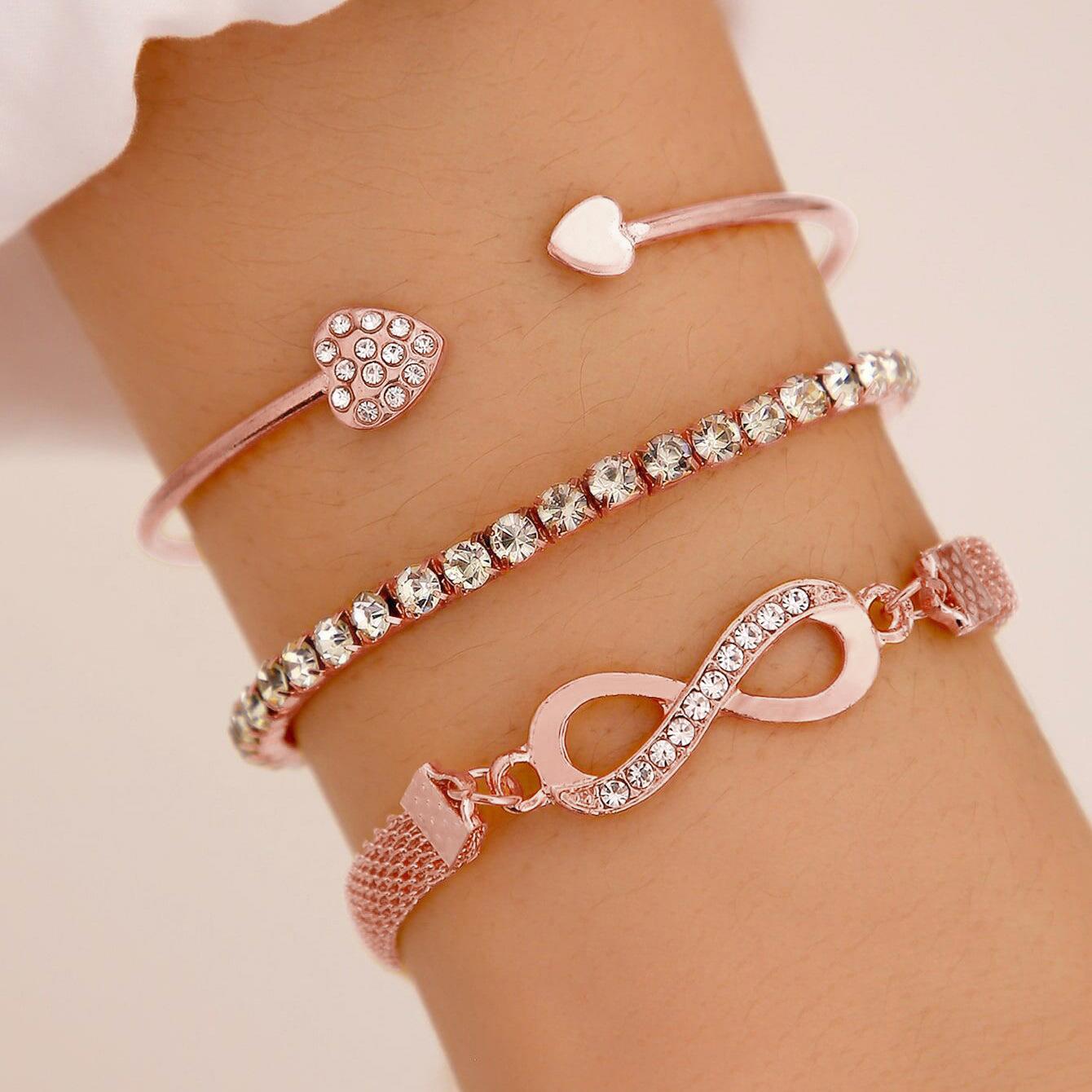 New ins-style women's heart-shaped open bracelet with creative design, vintage and simple lucky figure 8 bracelet 3-piece set, not easy to fade