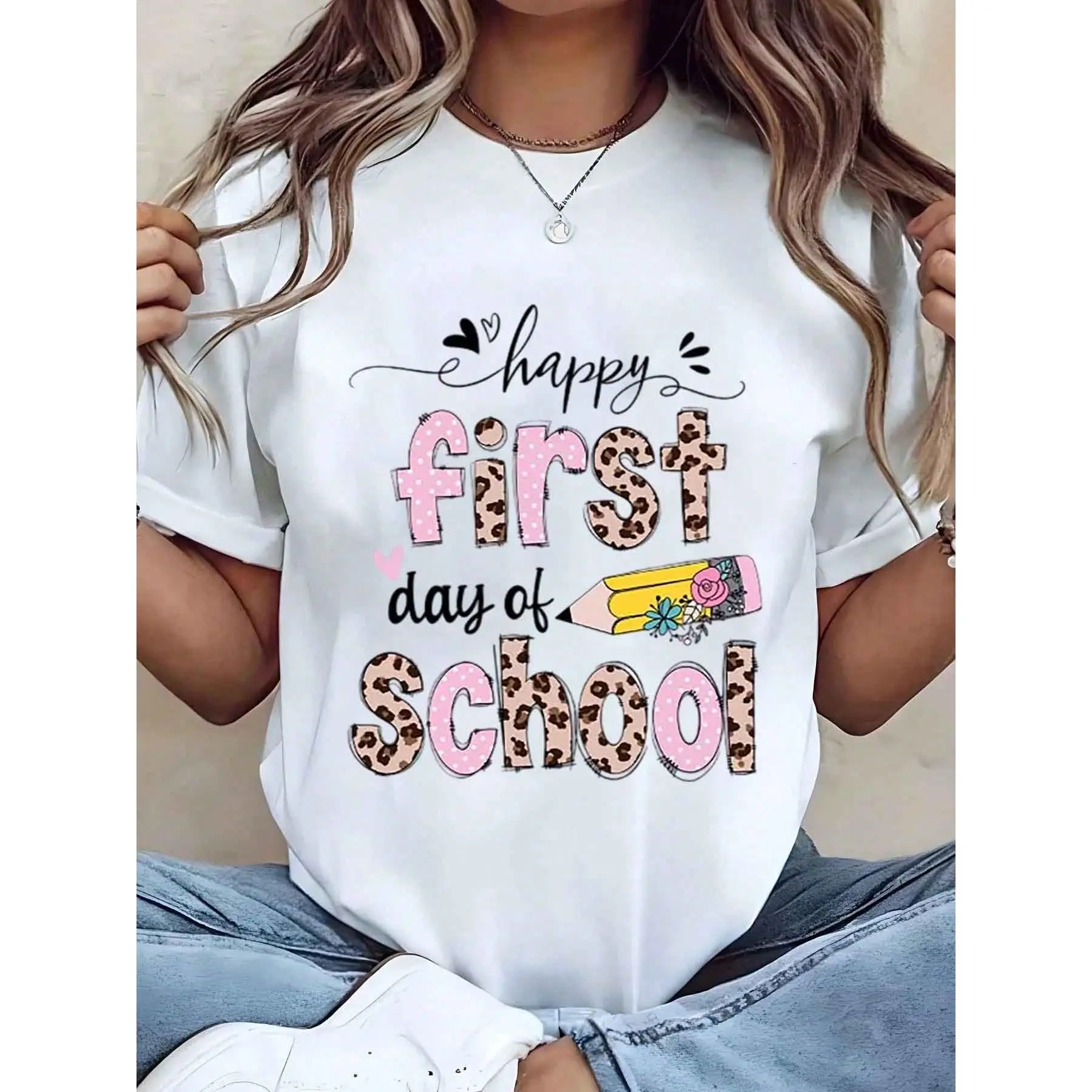 Women T Shirt Happy First Day Of School Leopard Print And Pencil Graphic Round Neck Casual Top For Back To School Season Gift,Unisex Graphic Casual Short Sleeve Crew Neck, Gift Unisex T-shirt For Man And Woman,Streetwear Style, Retro Vintage Y2k