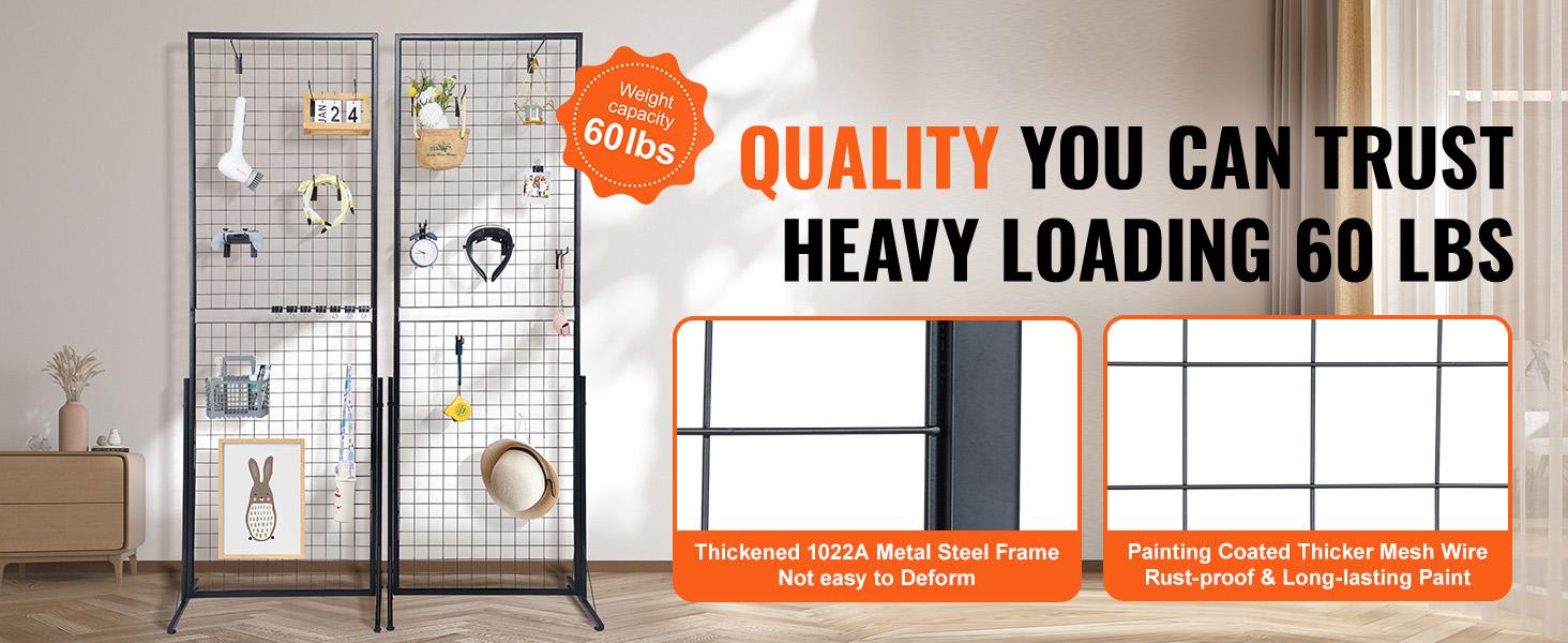 VEVOR 2'x 5.6' Grid Wall Panels Tower, 2 Packs Wire Gridwall Display Racks with T-Base Floorstanding, Double Side Gridwall Panels for Art Craft Shows, Retail Display with Extra Clips and Hooks