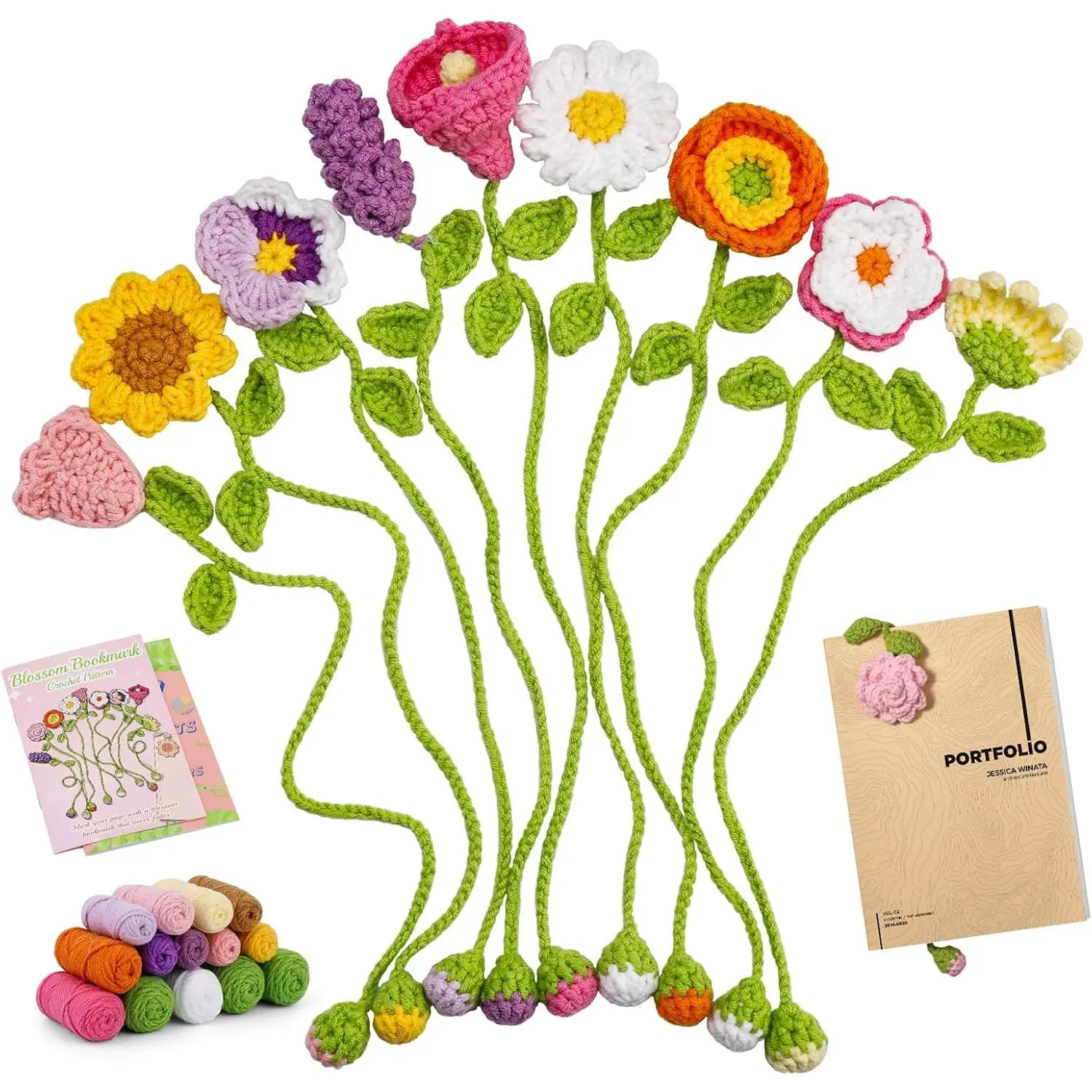 Crochet Kit for Beginners Adults, 10 Flower Bookmarks Beginner Crochet Kit Include Knitting Yarn, Step-by-Step Video Tutorial, Hook, Holiday Birthday Christmas  for  Families