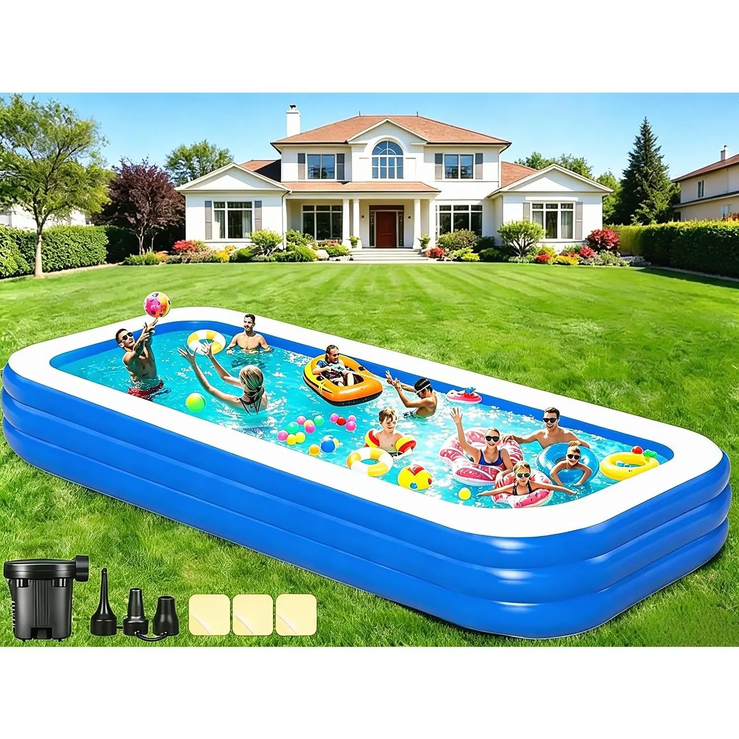 Extra Large Inflatable Swimming Pool for Adults - 180'' x 76'' x 22'' Extra Large Blow-Up Pool Oversized Thickened Family with Pump, 15FT Extra Long Inflatable Pools for Backyard, Easy Set Big Pool