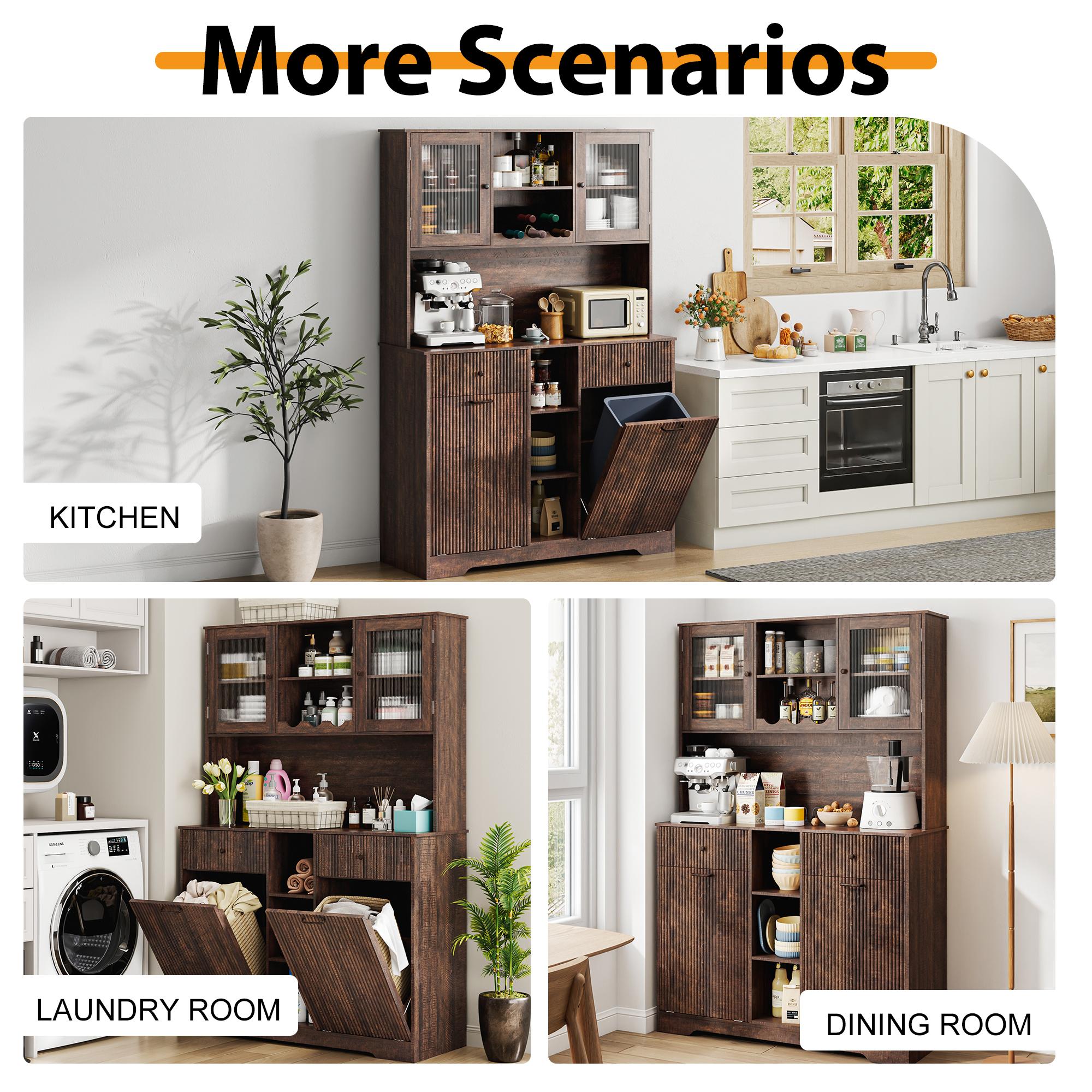 【2Packages Shipping】10×2 Gallon Double Tilt Out Garbage Can Hutch Cabinet with Two Drawers, 71'' Farmhouse Pantry Cabinet with Power Outlet, 47" Wide Pantry with Hidden Garbage Storage for Dining Room, White/Dark Brown 【2Packages Shipping】10×2 Gallon Double Tilt Out Garbage Can Hutch Cabinet with Two Drawers, 71'' Farmhouse Pantry Cabinet with Power Outlet, 47" Wide Pantry with Hidden Garbage Storage for Dining Room, White/Dark Brown