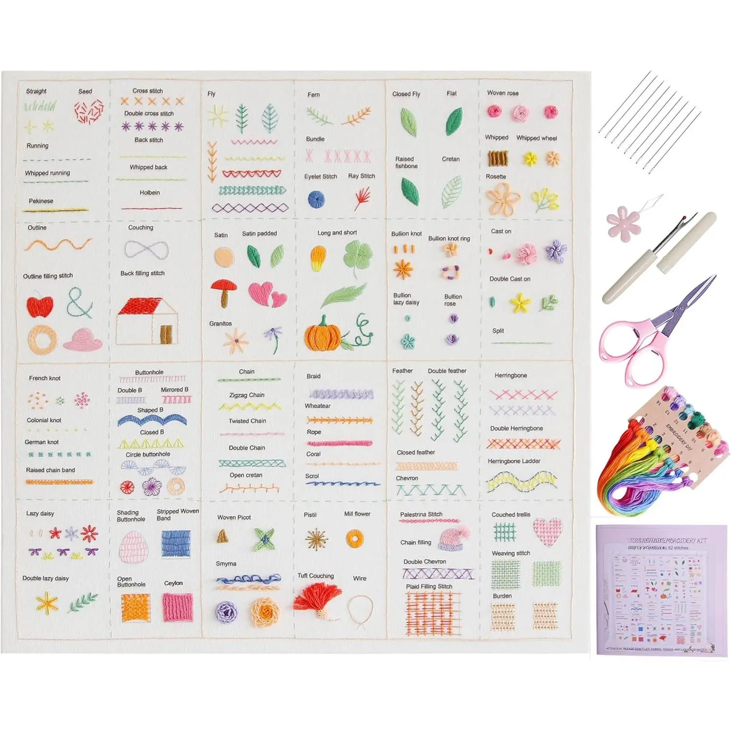 Beginners  Practice Kit, 82 Different Stitches,  Sampler Kit for Craft Lover,Printed Embroidery Design Patterns, Full Range Accessories