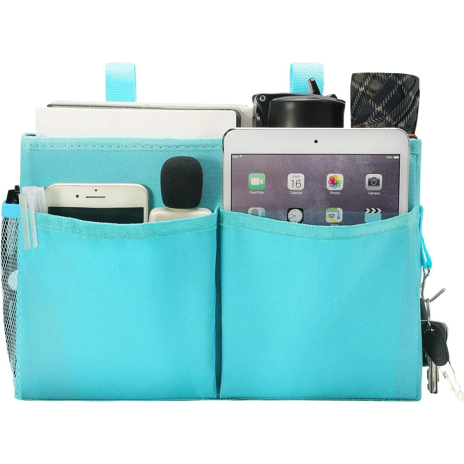 Bunk Bed Organizer, Bedside   Bed Organizer Storage Bag with 4 Pockets and 2 Hooks, for College Dorm Rooms Bed,  Bed,  Bed Rails, 600D Oxford Cloth (Light Blue)