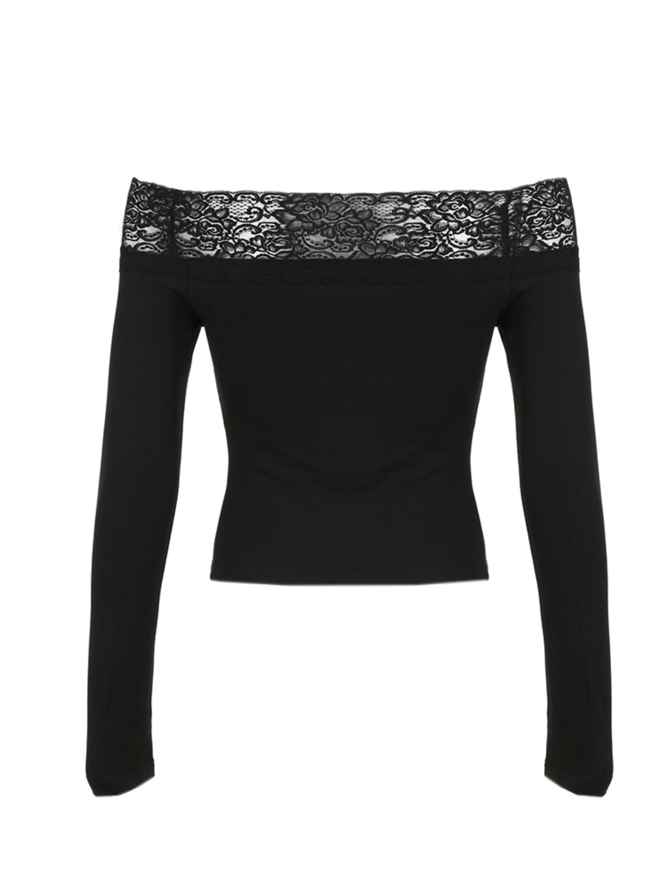 Women's Solid Contrast Lace Off Shoulder Tee, Top, Fashion Casual Long Sleeve T-Shirt for Daily Outdoor Wear, Women's Clothing for Spring & Fall