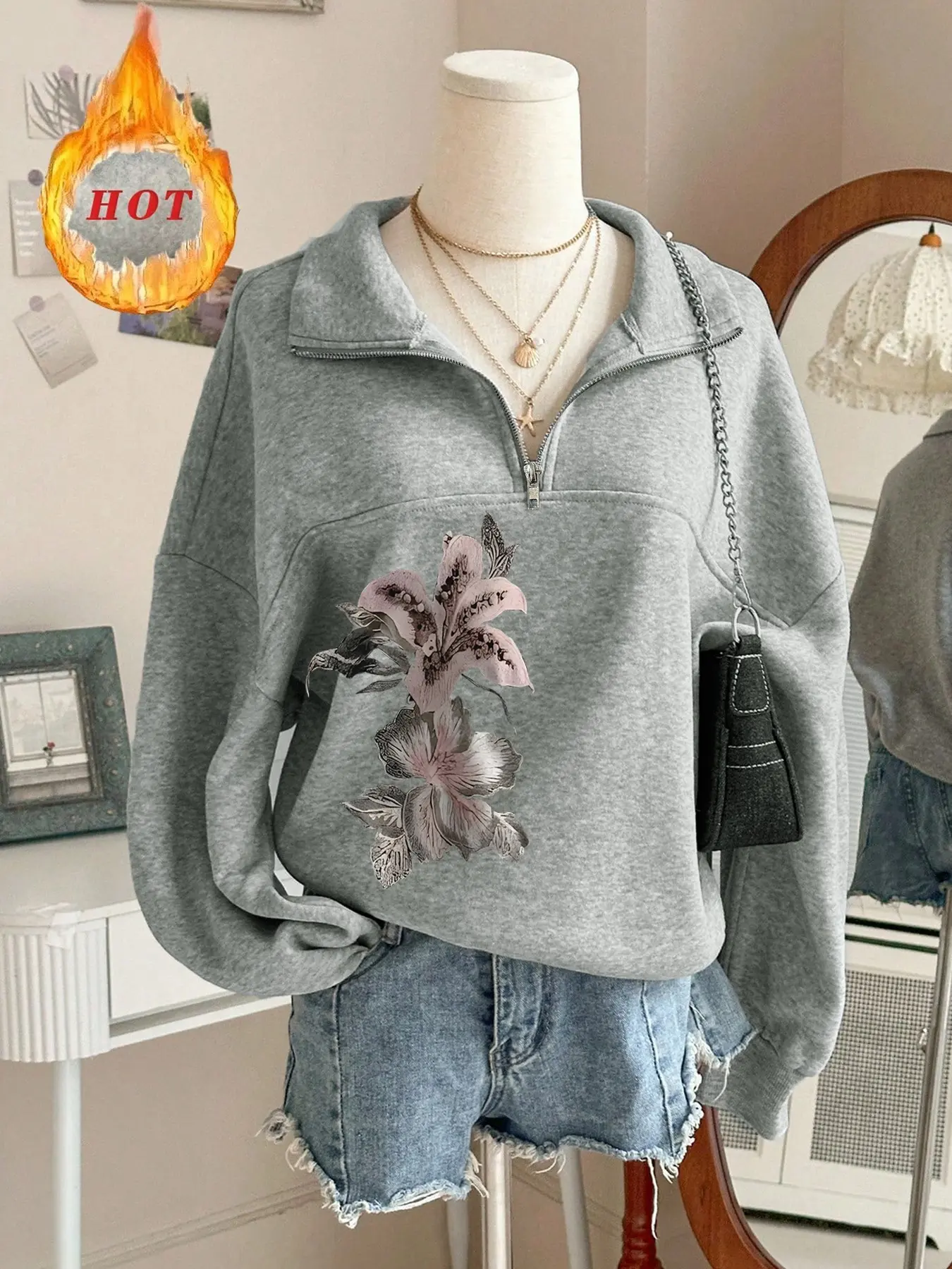 Women's Thickened Fleece V-Neck Zipper Hoodie, Casual Zip Design, Floral Print, Fall Winter Sweatshirt, Unisex, Gift Idea, Fashionable