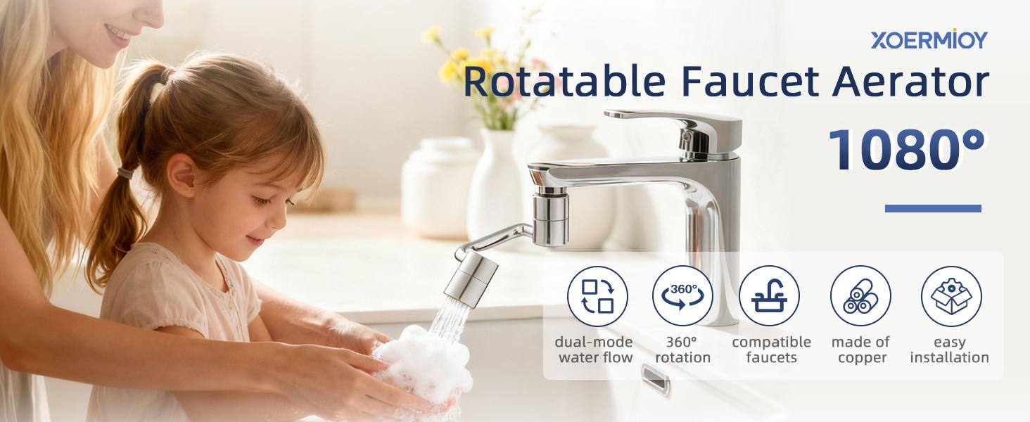 1080° U-Faucet Extender – Rotatable Faucet Aerator with 3 & Washers, Multi-Joint Swivel Aerator with 2 Spray Modes for & Sink, Silver