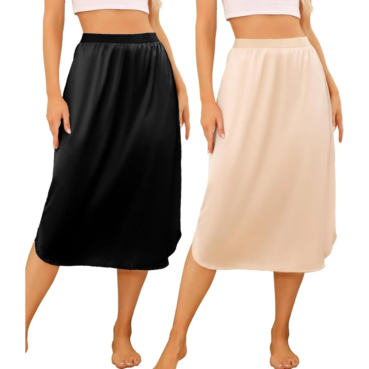 2 Pack Half Slip for Under Dresses Lace Long Satin Underskirt Women's Half Slip Anti Static Skirt Extender S-3XL