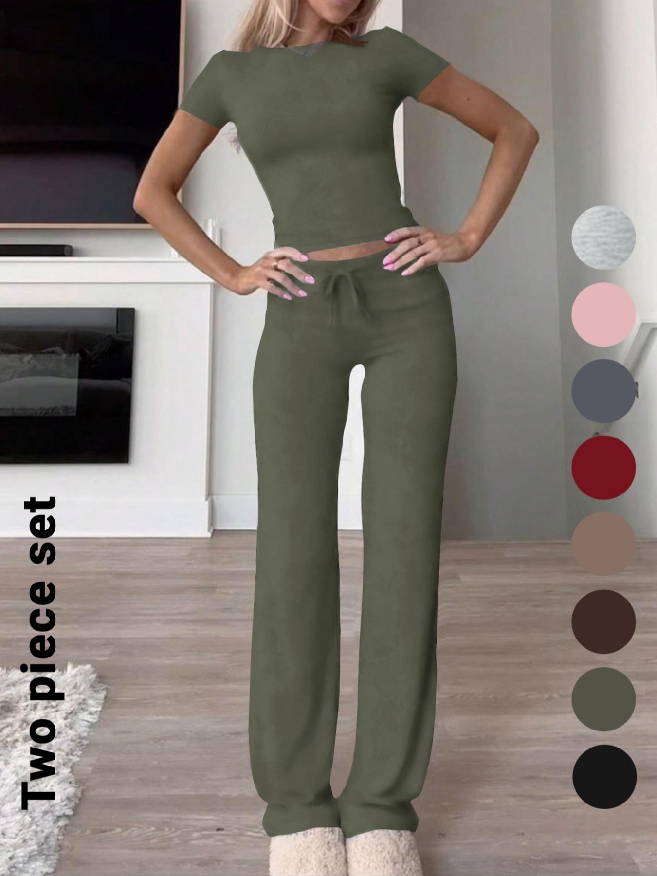 Women's Solid Short Sleeve Two-piece Set, Casual Round Neck Crop Tee & Drawstring High Waist Trousers for Daily Wear, Ladies Summer Clothes