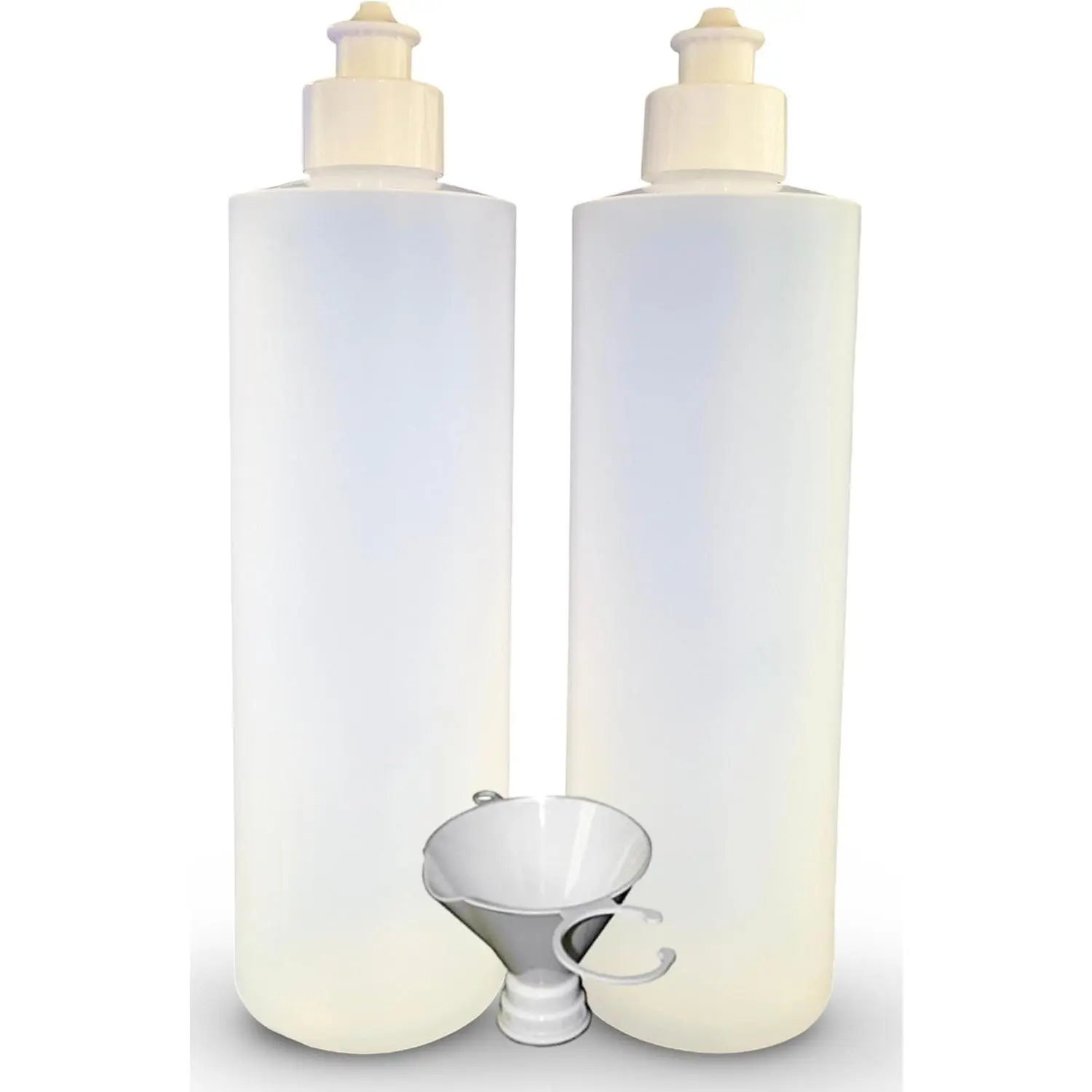2 Pack Refillable 16 Ounce HDPE Squeeze Bottles With Push/Pull Button Top Dispenser Caps-Great For Lotions, Shampoos, Conditioners and Massage Oils-Includes patented thread-on funnel
