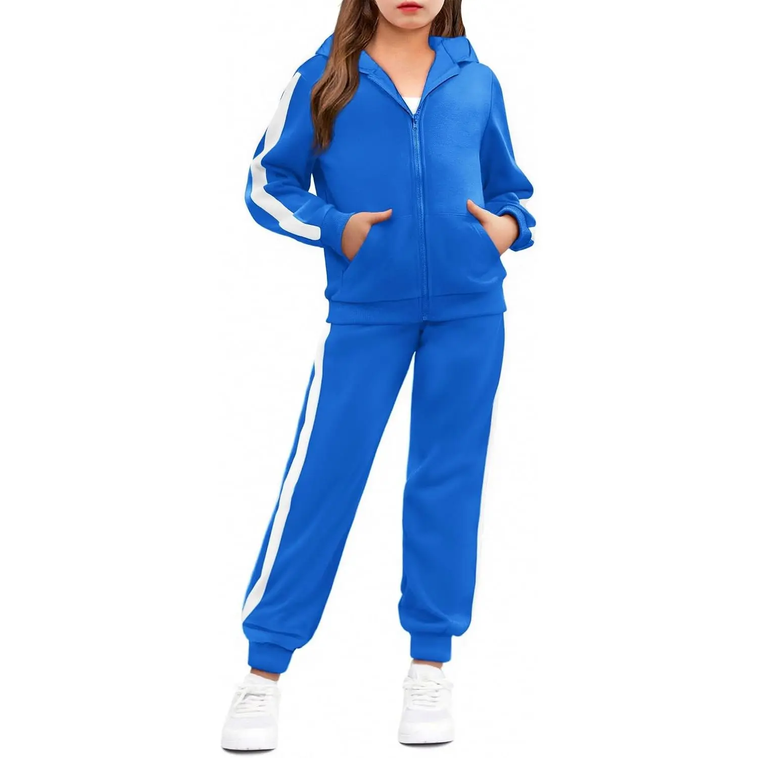 Girls' 2-Piece Athletic Tracksuit Sweatsuit - Zip-Up Hoodie Long Sleeve Shirt, Full-Length Cotton Blend Sweatpants with Pockets, Side Stripes Splicing, Ribbed Cuffs, Medium-Thickness Casual Wear