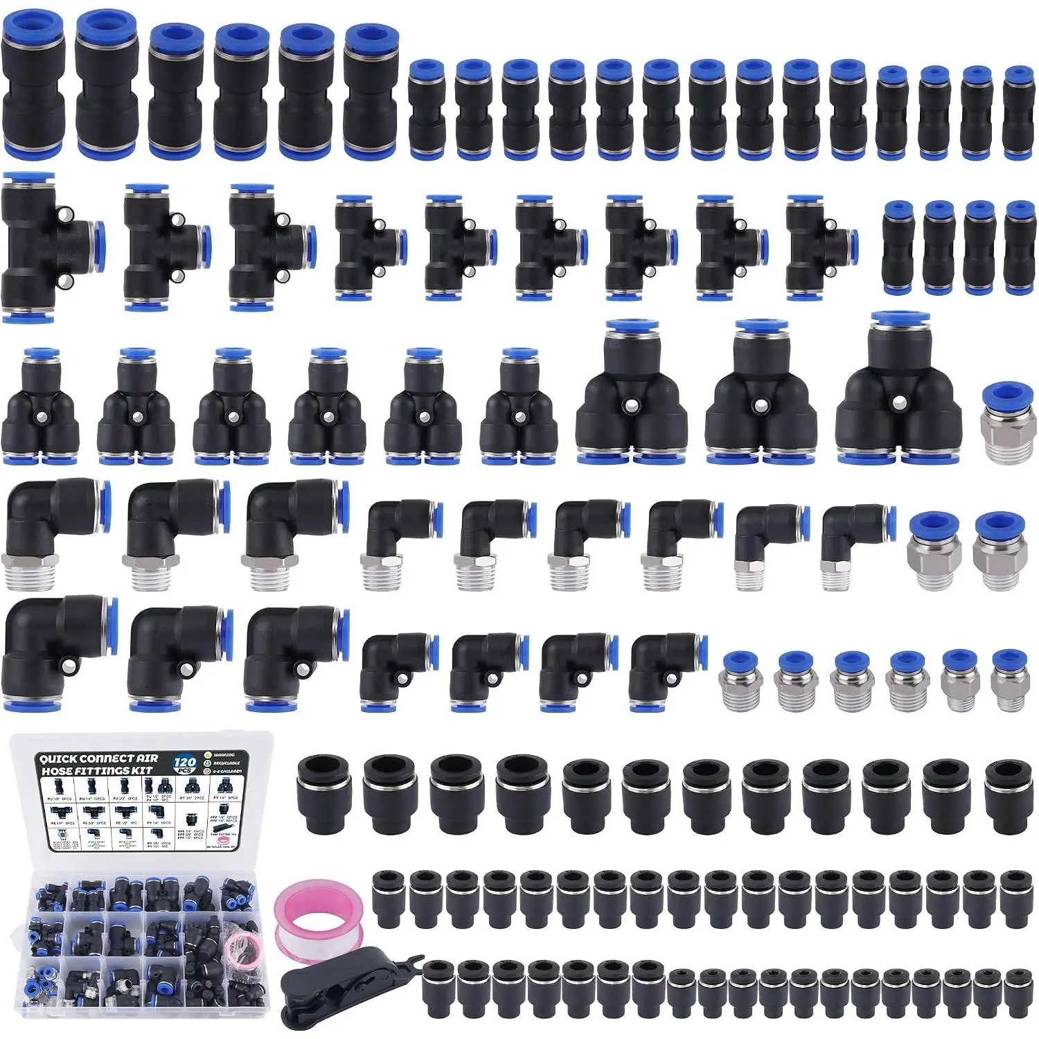 120 count Pneumatic Quick Connect Air Hose Fitting  Kit | 1/8" 1/4" 3/8" 1/2" NPT Thread Push to Connect Fittings,Air Line Quick Connect Quick Release Fitting  Kit
