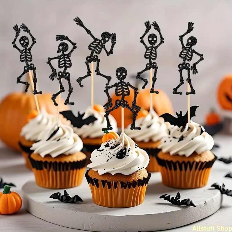 [Halloween] 10-Piece Halloween Skeleton Cupcake Toppers, Happy Halloween Themed Dancing Skeleton Cupcake Picks for Gift Parties and Birthday Party Decorations, Cake Decorating Supplies