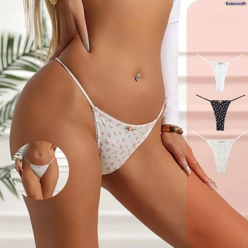 Viral Women’s Floral Print Thong Bikini Set, Trendy Y2K Cheeky String Bikini Swimsuit with Adjustable Straps, Sexy Minimal Coverage Swimwear for Beach Vacation, Pool Party, Summer Travel & Resort Wear