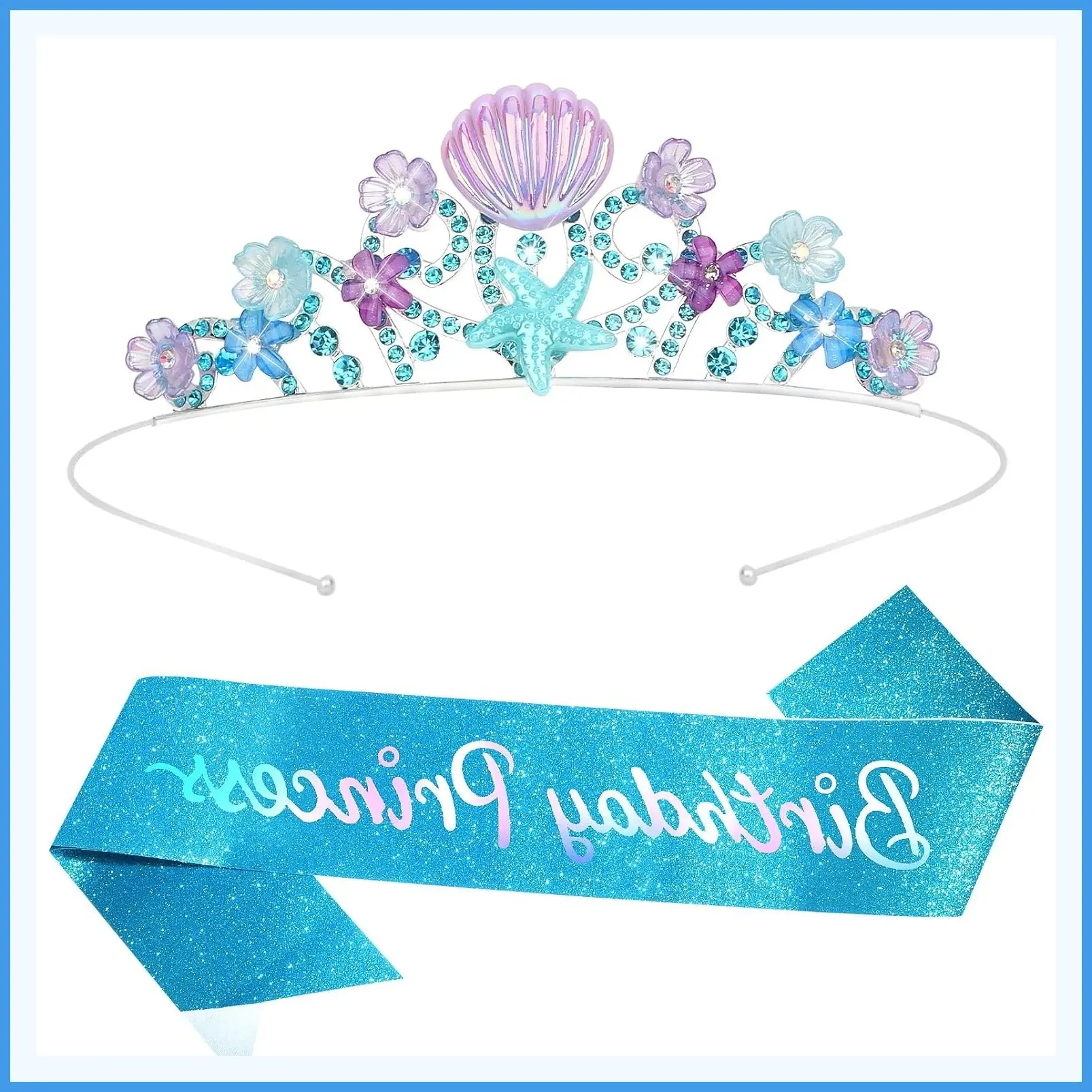 Mermaid Birthday Princess Sash and Crown Set with Shell Starfish Rhinestone Tiara and Glitter Sash, Ocean Themed Party Supplies Decorations for Girls Women