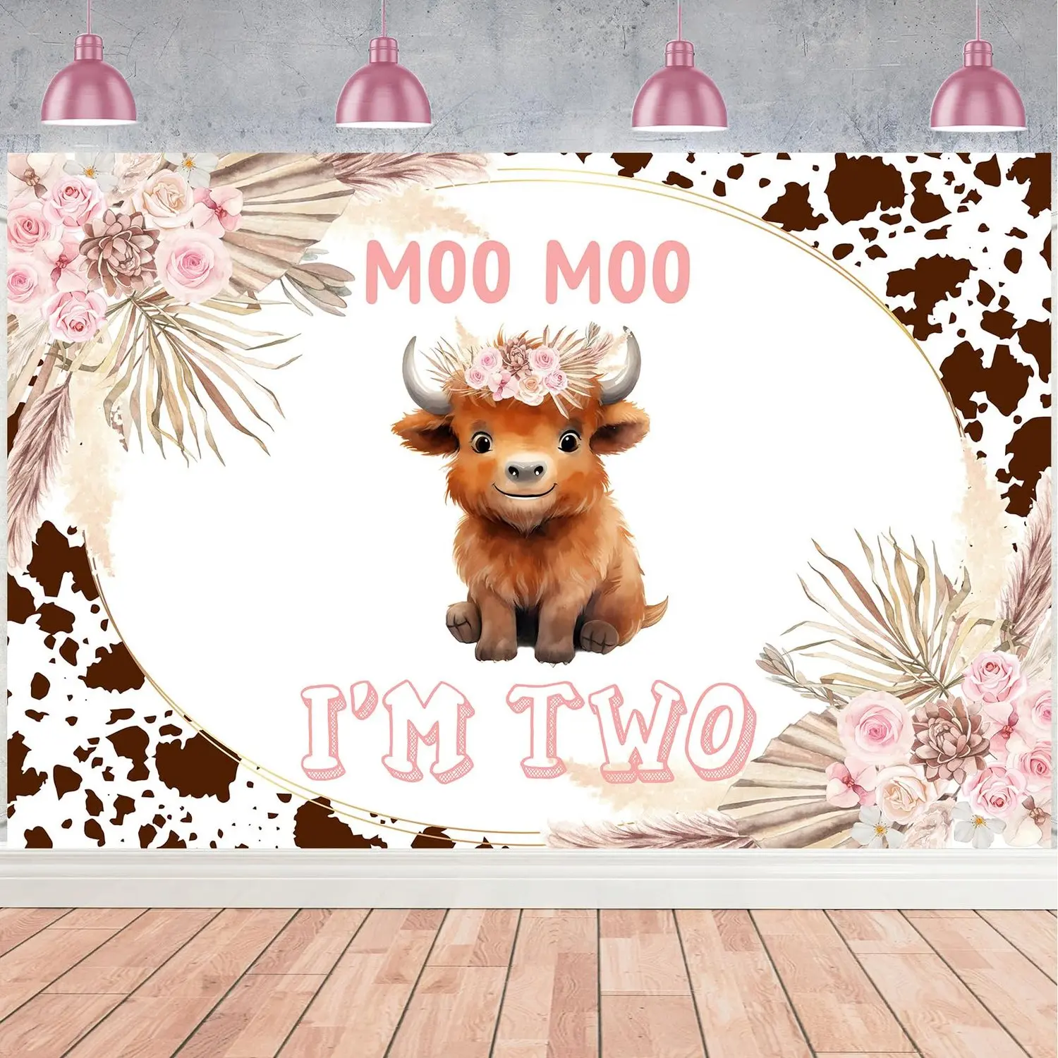 1Set Moo Moo Im Two Birthday Backdrop Boho  Highland Cow 2anniversary Birthday Decorations Girl Pink Brown Highland Cattle Themed Second Photography Background 5x3ft