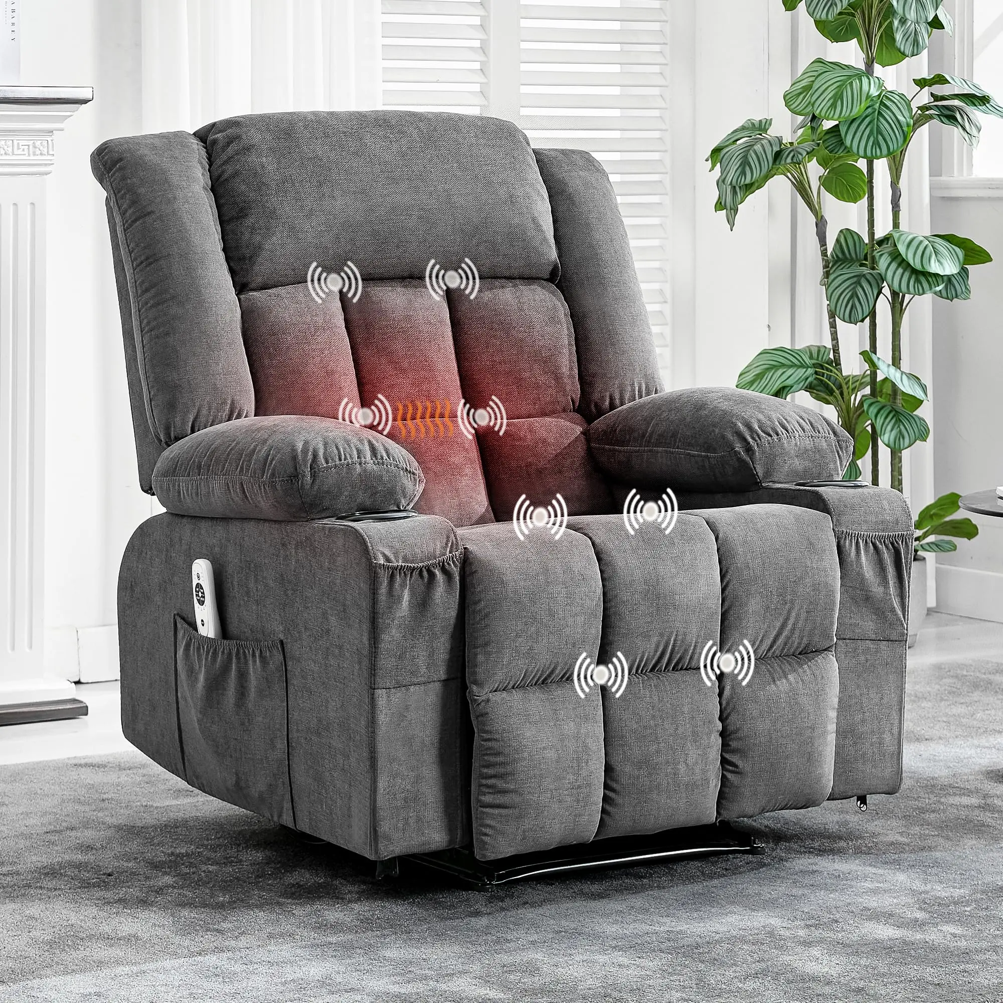Wide Rocker Recliner Chair with Heat and Massage, Oversized Recliner Chairs w/Remote Control, 3 Positions, 2 Cup Holders, Side Pocket, Lounge Sofa Chair for Big People