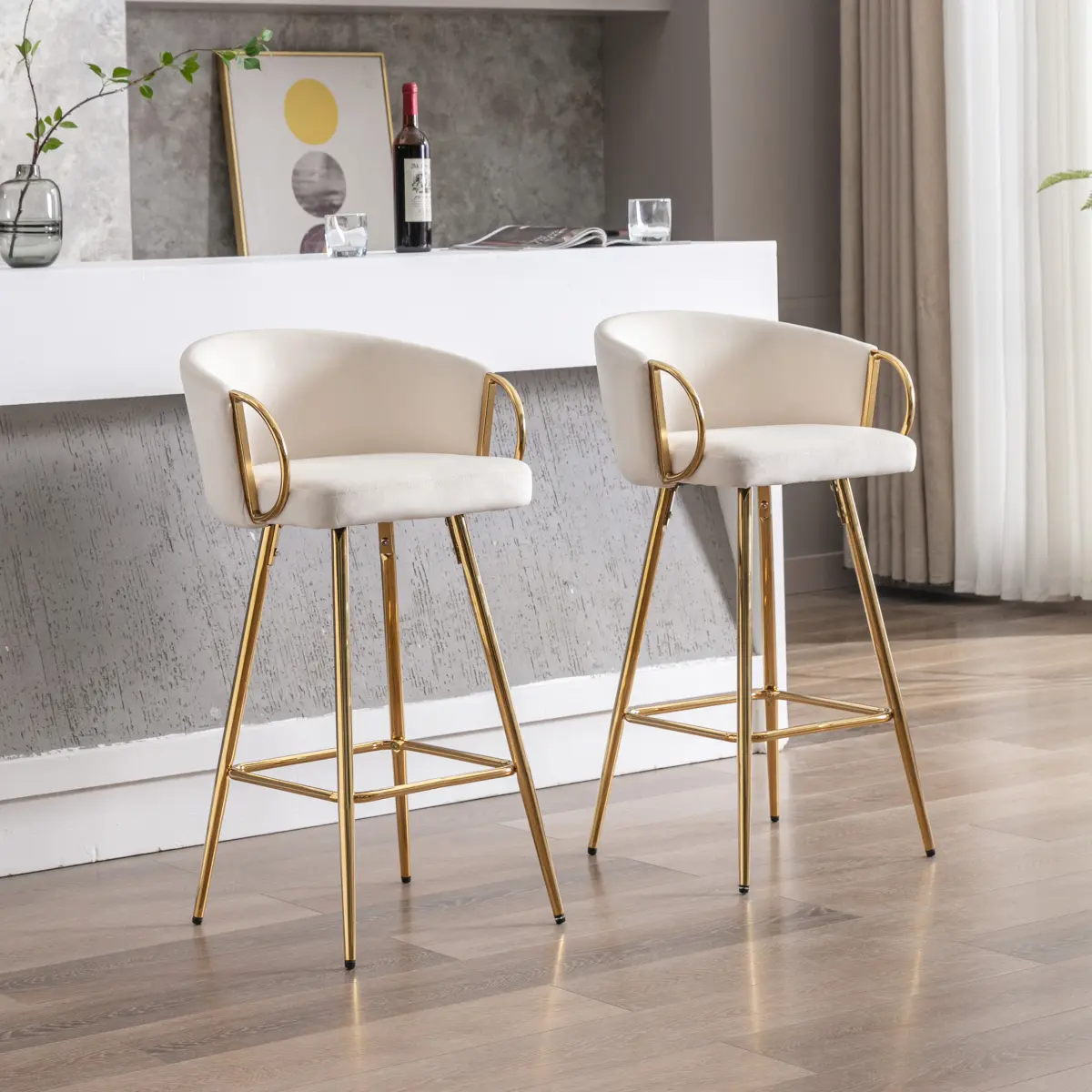 Cream-Colored Textured Fabric Surface Barstools (Set of 2) – 26-Inch Ergonomic Counter Stools, Cream Velvet, Golden Metal Legs, Chrome Footrest Base, 19.69*20.08*35.83 In, for Home Bar, Kitchen Island, Cream-Colored Textured Barstools