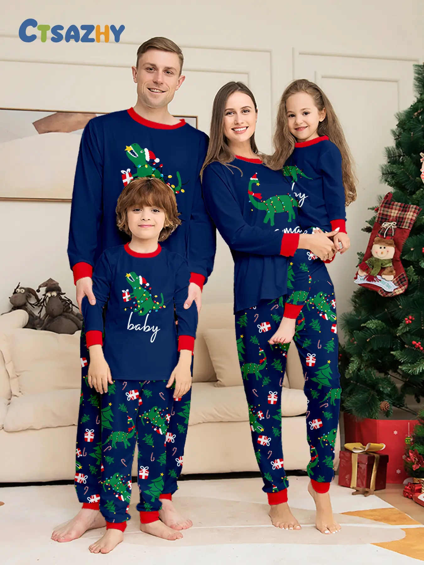 Christmas Hat Letter Print Family of Four Matching Pajamas Set, Long Sleeve Top & Long Pants Loungewear Two-Piece Outfit with Red Contrast Trim, Soft Skin-Friendly Breathable Knit Fabric. Ideal for Christmas Family Photoshoots, Holiday Party Outfits, Dail