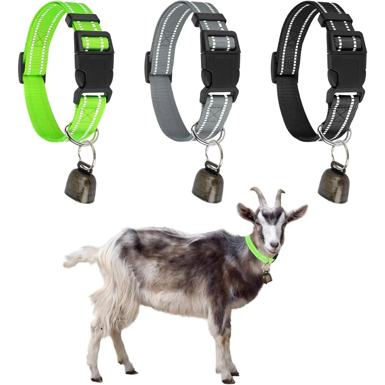 3-Pack Adjustable Nylon Reflective Collars with Loud Copper Bells, Anti-Lost Accessories for Grazing Goats, Cows, Horses, Small Farm Animals, Loud Bell